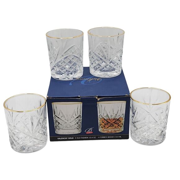 Set‎ Of 4 Valencay Gold Embossed  Whiskey Glasses Old Fashioned Drinkware 10.4oz - Picture 1 of 13
